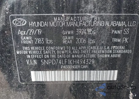 2019 Hyundai Elantra Se from USA, damaged, VIN 5NPD74LF1KH494329